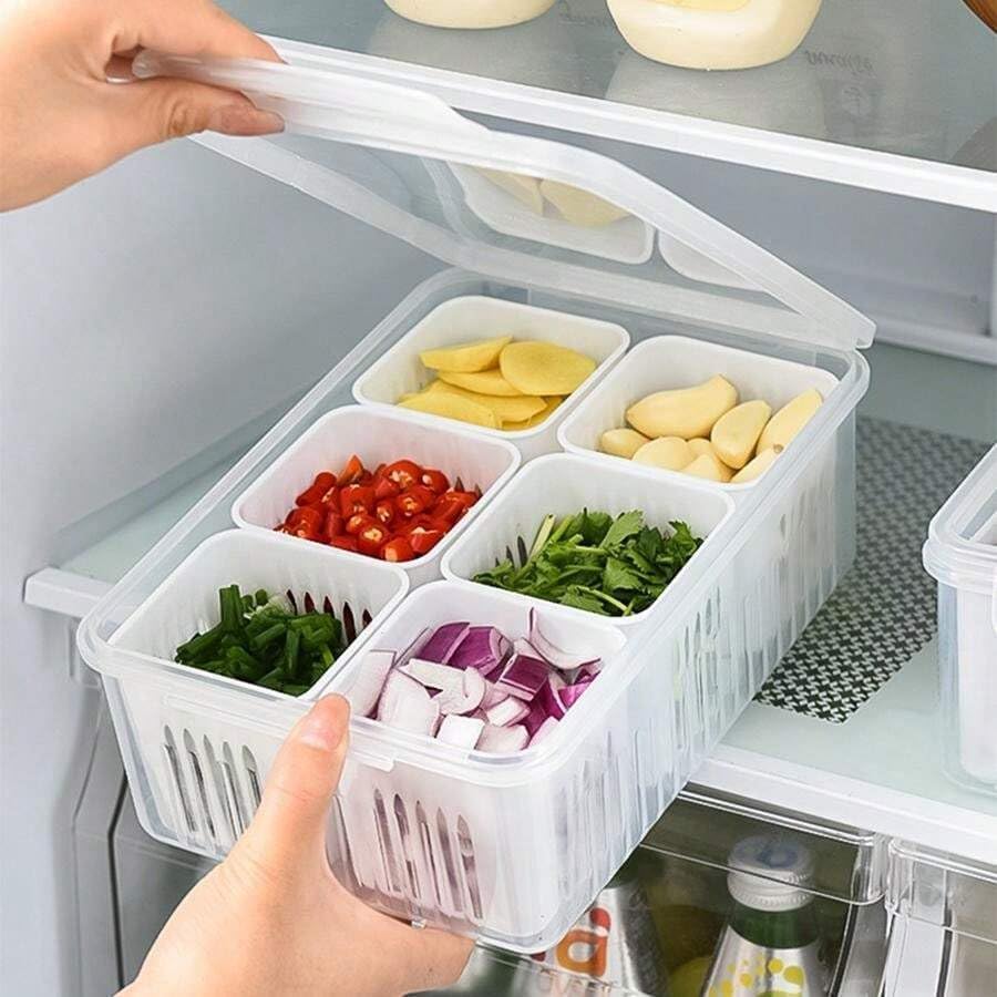 Fridge Storage Box, 6 Grid Refrigerator Storage Containers, Kitchen Storage Set, Vegetable Storage, Draining Crisper Food Box