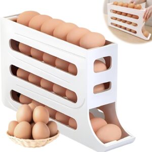 4 Tiers Fridge Egg Rack Large Capacity Egg Dispenser for Refrigerator, Space-Saving Automatic Rolling Egg Holder Organizer Storage
