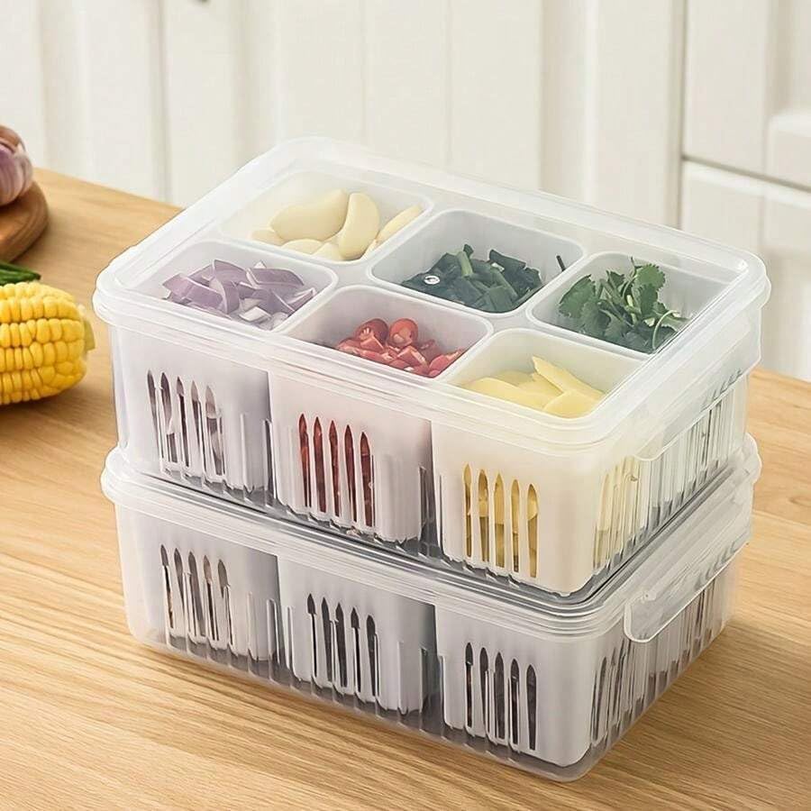 Fridge Storage Box, 6 Grid Refrigerator Storage Containers, Kitchen Storage Set, Vegetable Storage, Draining Crisper Food Box - Image 2