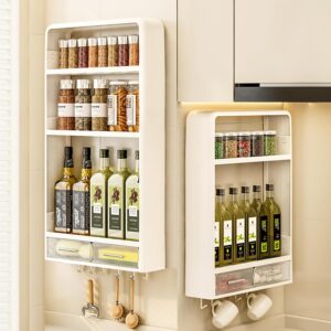 Kitchen Plastic Wall-Mounted Storage Racks with Hooks & Drawer
