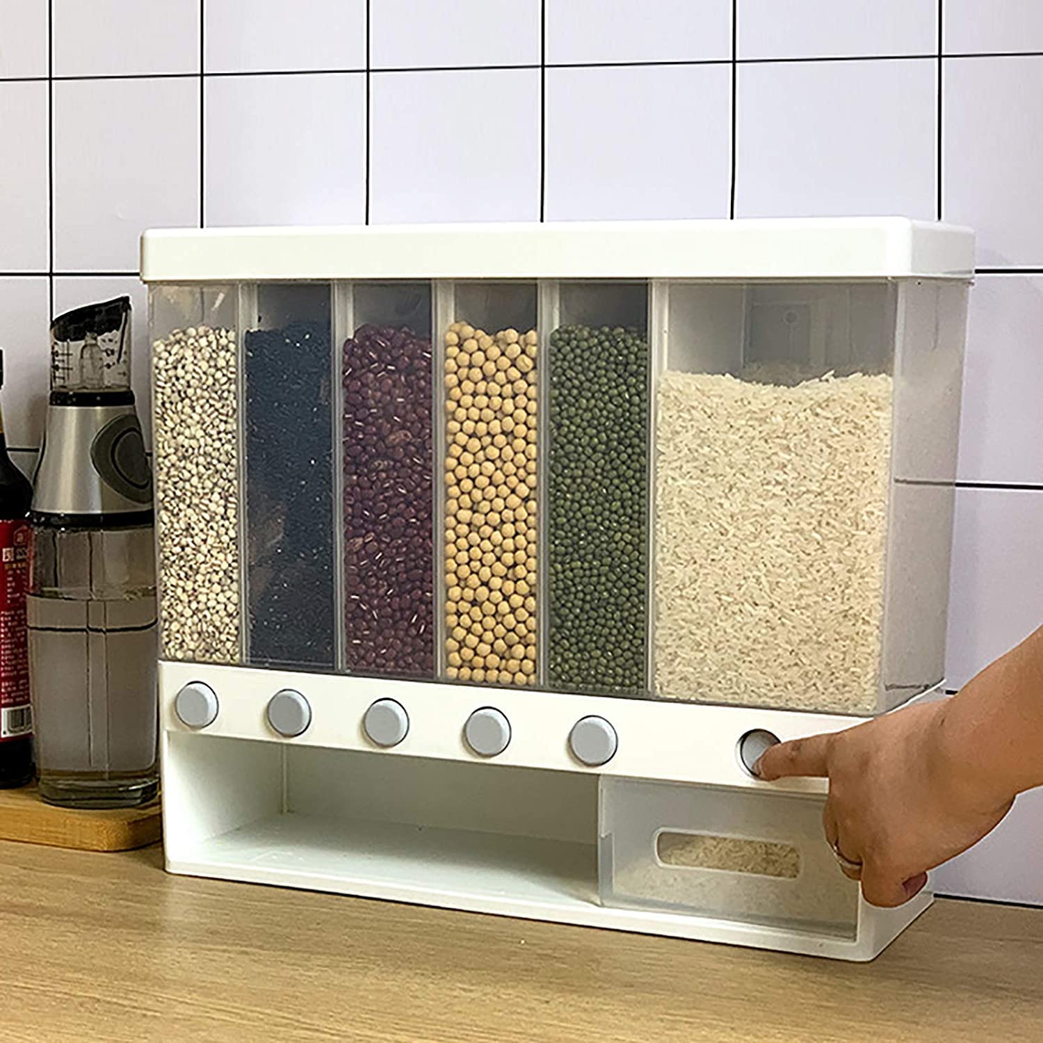 6 in 1 Wall-Mounted Cereals Dispenser Press Grain Storage Tank Dry Food Organizer Rice Dispenser for Home and Kitchen - Image 4